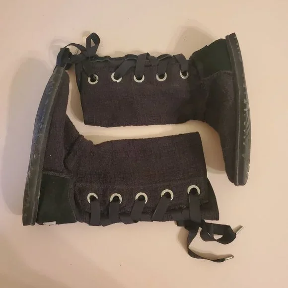 Ugg 8‎ Black Knit Winter Boots 1000693 Back Lace Up Sheepskin HEIRLOOM - Picture 8 of 9